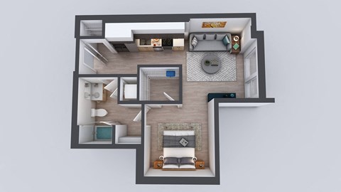 Floor plan for 1 bed, 1 bath, 557 sqft